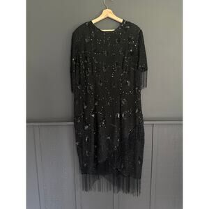 Vintage Black Silk Beaded Flapper Style Sheath Dress by Stenay Size 1X